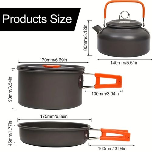 3-Piece Portable Camping Cookware Set, Lightweight Outdoor Cooking Kit with Pot, Frying Pan & Kettle, Quick Assembly & Storage for Hiking, Picnics and Camping