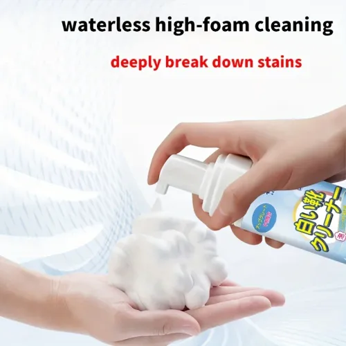 Japan Cleaning Research Institute presents:White Shoe Foam Cleaner-200ml for Sneakers Canvas & Faux - No-Rinse Formula, Stain Remover & Whitening Mousse Effortless Cleaning