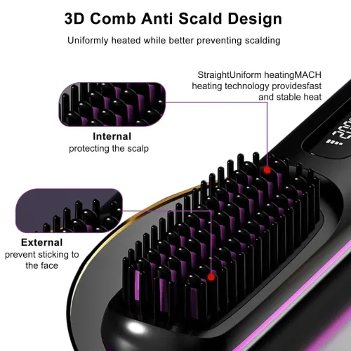 USB Charging Portable Hair Straightener Brush, Cordless Straightening Comb LED Display & Ceramic Coating, Ionic Technology