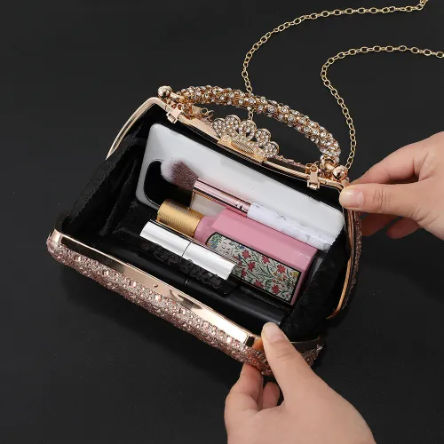 New shiny crystal evening bag - exquisite crown-style snap closure handbag, versatile chain strap cross-body bag