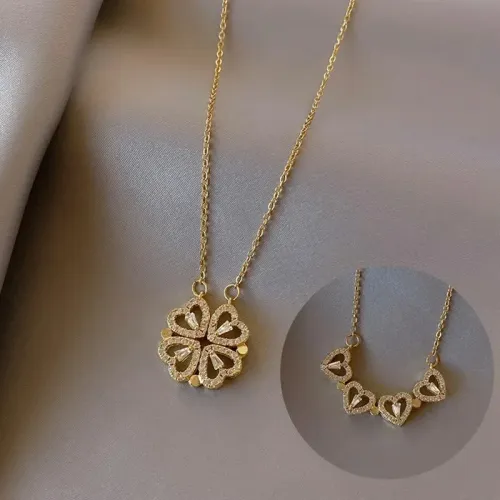 Retro Magnetic Folding Heart Shaped Four Leaf Clover Pendant Necklace for Women Love Clavicle Chain Gift Openable Choker Jewelry