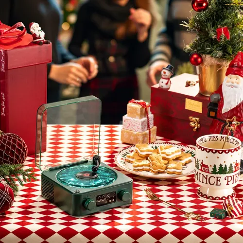 Retro Bluetooth Speaker Vintage Turntable Design Atmosphere lights Bluetooth TFCard AUX White Noise Alarm Clock Gift for Bedroom