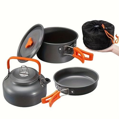 3-Piece Portable Camping Cookware Set, Lightweight Outdoor Cooking Kit with Pot, Frying Pan & Kettle, Quick Assembly & Storage for Hiking, Picnics and Camping