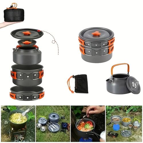 3-Piece Portable Camping Cookware Set, Lightweight Outdoor Cooking Kit with Pot, Frying Pan & Kettle, Quick Assembly & Storage for Hiking, Picnics and Camping