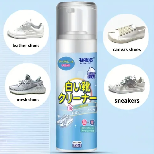 Japan Cleaning Research Institute presents:White Shoe Foam Cleaner-200ml for Sneakers Canvas & Faux - No-Rinse Formula, Stain Remover & Whitening Mousse Effortless Cleaning