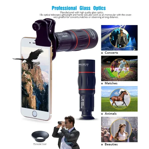 Universal 18x25 Monocular Zoom HD Optical Smartphone Lens — Specialized for Observation and Surveying (18x Telephoto Lens), Compatible with Smartphones