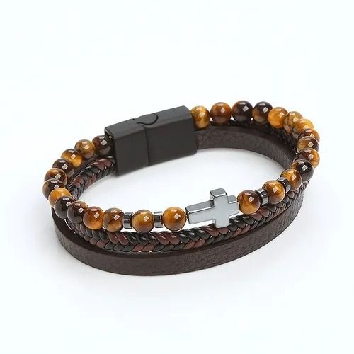 Natural volcanic stone elements, simple cross multi-layer bracelet