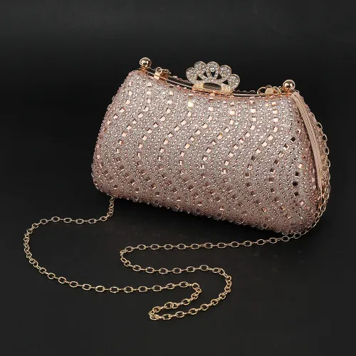 New shiny crystal evening bag - exquisite crown-style snap closure handbag, versatile chain strap cross-body bag