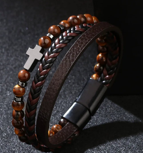 Natural volcanic stone elements, simple cross multi-layer bracelet