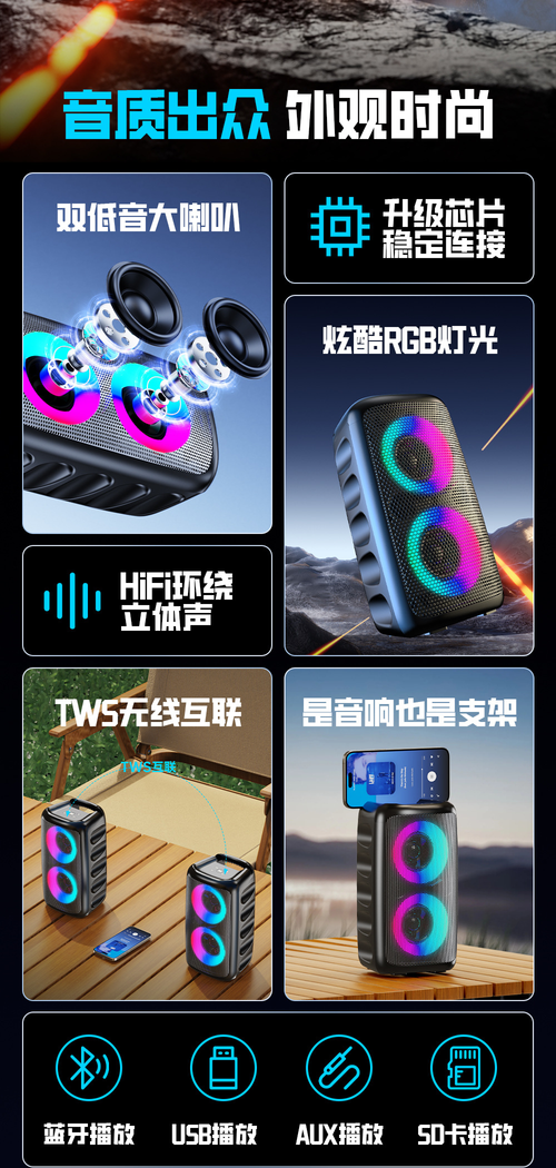 Compact Speaker System Featuring A Subwoofer - Wireless-Enabled Stereo Speaker with Colorful Lights, TWS Capability, And Support for USB And TF Cards, Perfect for Outdoor Activities.