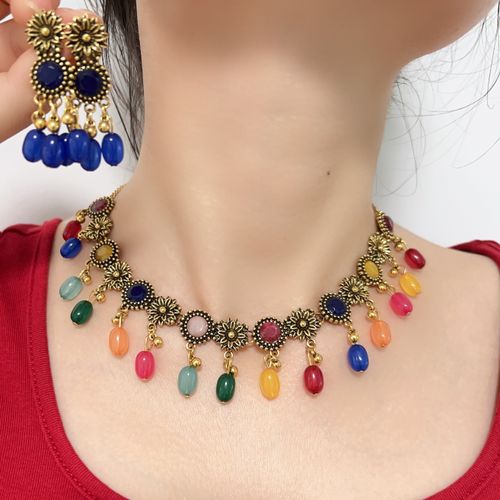 3pcs Bollywood Style Earrings + Necklace Boho Style Jewelry Set Retro Flower Design Made Of Waterish Beads Multi Colors For U To Choose Match Daily Outfits