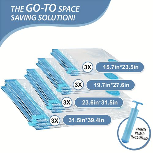 12 Manual Vacuum Compression Storage Bags with Pump, Saves Space for Blankets and Travel