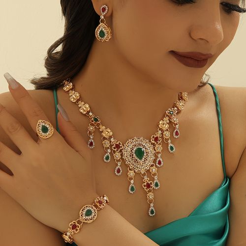 A set of pendant earrings rings necklace bracelet Bollywood style bridal jewelry suit, Within surprise gift box packaging, luxurious shop with rhinestones wedding jewelry