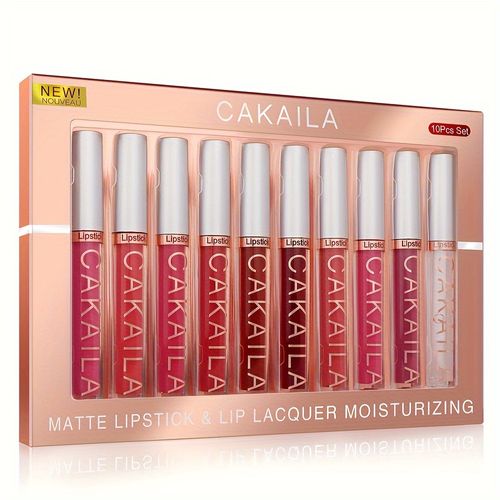 CAKAILA 10-Piece Matte Lip Gloss Set, Long-Lasting Moisturizing Lip Lacquer, Velvet Finish, Waterproof, Variety Shades, All Skin Types, Squalane-Infused, Ideal for Adults