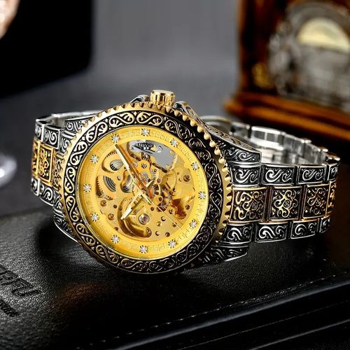 Luxury Men's Stainless Steel Automatic Mechanical Watch, Water Resistant Round Dial, Engraved Design, Business StyleSelf-winding Movement, No Battery Required, Sport Watches|Elegant Accessories|Water Resistant Watches