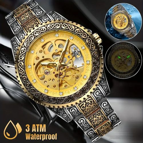 Luxury Men's Stainless Steel Automatic Mechanical Watch, Water Resistant Round Dial, Engraved Design, Business StyleSelf-winding Movement, No Battery Required, Sport Watches|Elegant Accessories|Water Resistant Watches