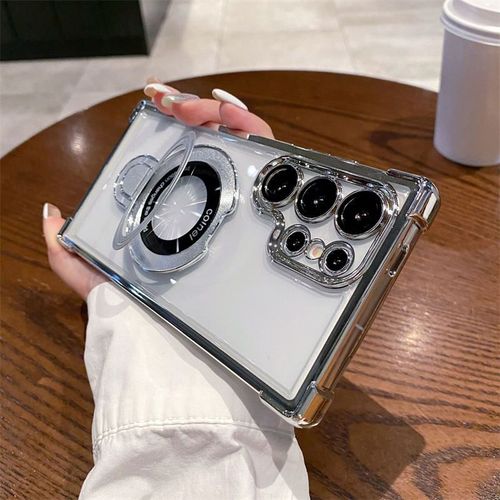 Electroplated Transparent Four Corners Airbag Anti-Drop Magnetic Phone Case for Samsung S24 S23 S22 Ultra Plus With Metal Stand