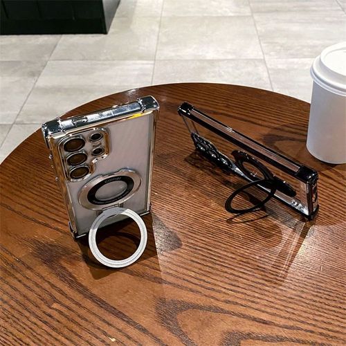 Electroplated Transparent Four Corners Airbag Anti-Drop Magnetic Phone Case for Samsung S24 S23 S22 Ultra Plus With Metal Stand