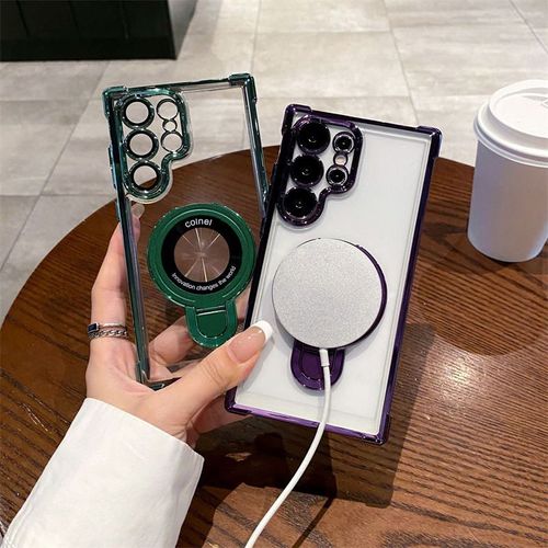 Electroplated Transparent Four Corners Airbag Anti-Drop Magnetic Phone Case for Samsung S24 S23 S22 Ultra Plus With Metal Stand