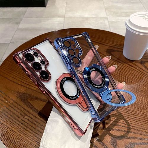 Electroplated Transparent Four Corners Airbag Anti-Drop Magnetic Phone Case for Samsung S24 S23 S22 Ultra Plus With Metal Stand