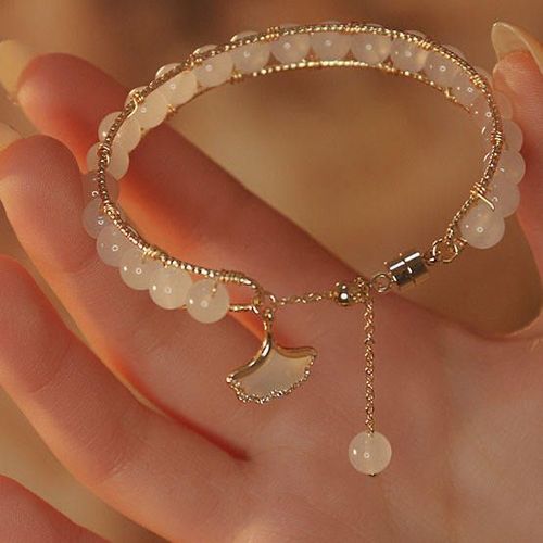 Imitation natural white jade bead bracelet for women, round ginkgo leaf pendant, handmade bead crystal bracelet for women
