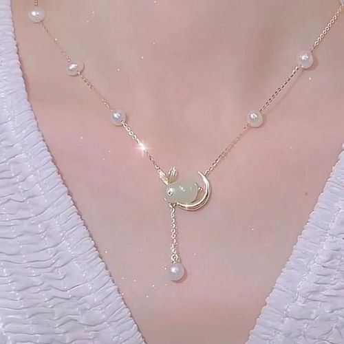 Pearl necklace, female, niche zodiac sign, Hetian jade rabbit, full sky star, collarbone chain pendant