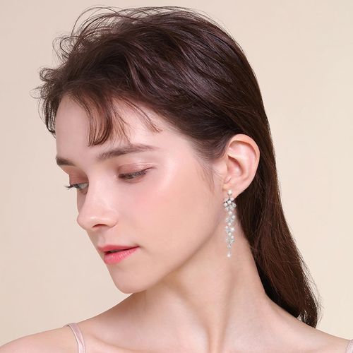 Silver pendant earrings, long silver thread ball earrings for women, shiny pendant