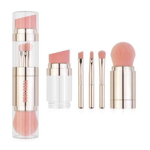 Synthetic hair plastic material multi-function 4 in 1 single foundation make-up double head with angle powder blusher contour powder
