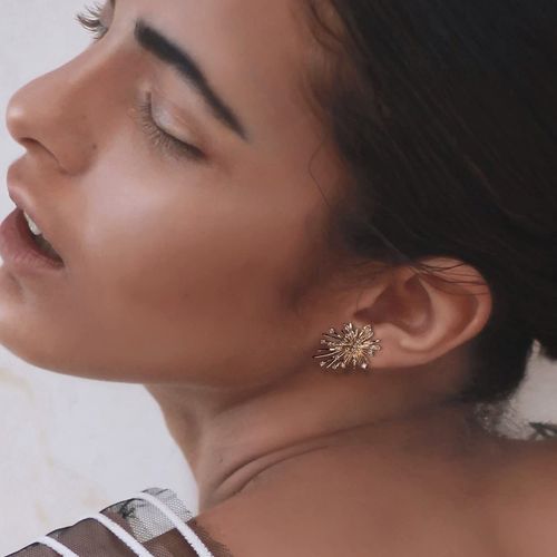 French retro golden firework zircon stud earrings for women, exquisite, light luxury, versatile and elegant earrings