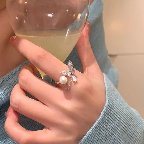Spring and summer zirconium butterfly pearl chain open ring for women, light luxury and high-end style index finger ring, niche design ring