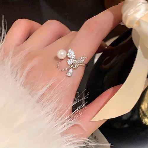 Spring and summer zirconium butterfly pearl chain open ring for women, light luxury and high-end style index finger ring, niche design ring