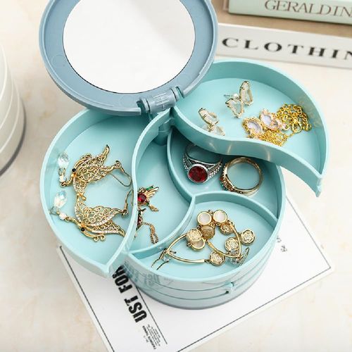 Jewelry Organizer Box with 4-Layer Rotating Case for Women's Cosmetics and Home Storage, 3.937 x 3.937 Inches - Ideal Gift for Ladies, Mothers, and Girls (Blue)