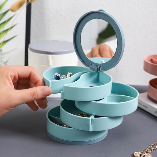 Jewelry Organizer Box with 4-Layer Rotating Case for Women's Cosmetics and Home Storage, 3.937 x 3.937 Inches - Ideal Gift for Ladies, Mothers, and Girls (Blue)