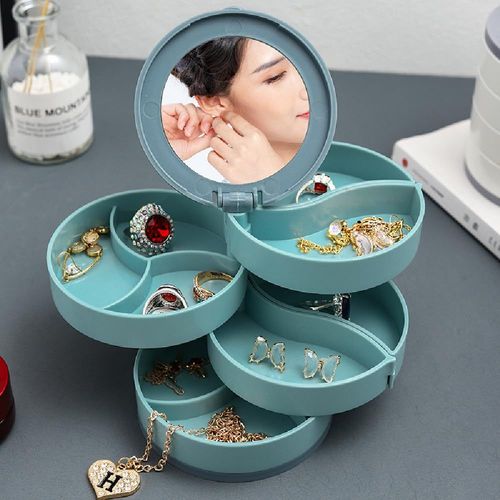 Jewelry Organizer Box with 4-Layer Rotating Case for Women's Cosmetics and Home Storage, 3.937 x 3.937 Inches - Ideal Gift for Ladies, Mothers, and Girls (Blue)