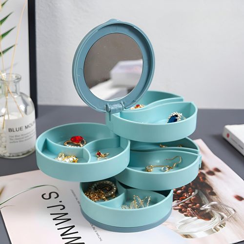 Jewelry Organizer Box with 4-Layer Rotating Case for Women's Cosmetics and Home Storage, 3.937 x 3.937 Inches - Ideal Gift for Ladies, Mothers, and Girls (Blue)
