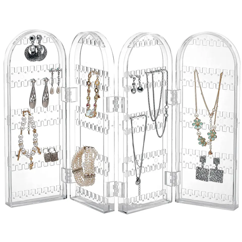 Folding transparent acrylic earring rack, women's 4-door folding necklace display rack, clothes hanger, accessory storage device