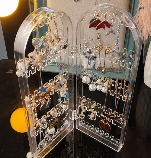 Folding transparent acrylic earring rack, women's 4-door folding necklace display rack, clothes hanger, accessory storage device