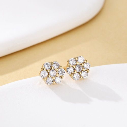 Round Floral Silver Stud Earrings for Women, Inlaid with Cubic Zirconia, Ultra-Sparkling Full-Diamond Petal Earrings, Light Luxury