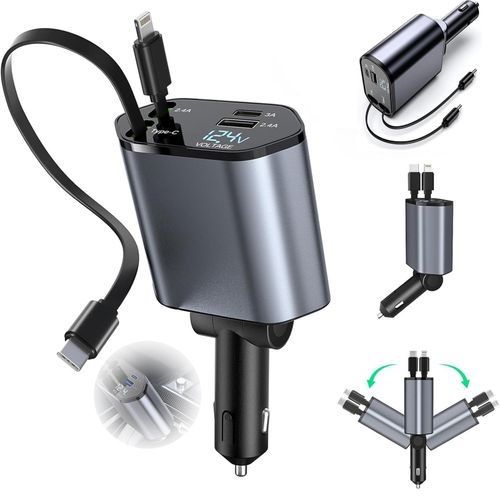 1. Cross-border car charger, 120W super fast charger, cigarette lighter, multi-function digital display, one tow, four with telescopic line car