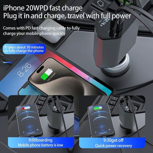1. Cross-border car charger, 120W super fast charger, cigarette lighter, multi-function digital display, one tow, four with telescopic line car