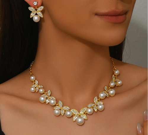 Jewelry Set Rhinestone Necklace Earring Set Women's (Gold)