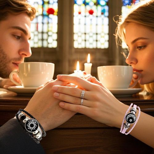 Luminous Sun and Moon Couple Bracelet - Glow in the Dark Matching Braided Leather Jewelry for Couples, Adjustable Long Distance Love Gift for Him & Her