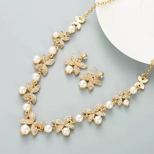 Jewelry Set Rhinestone Necklace Earring Set Women's (Gold)
