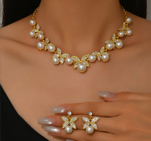 Jewelry Set Rhinestone Necklace Earring Set Women's (Gold)