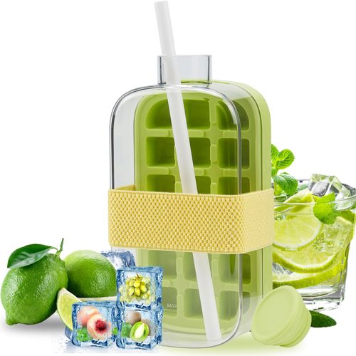 Ice cube bottle, 2025 upgrade, 2-in-1 touch-free ice cube tray water bottle, easy to carry, juice, coffee and other beverages. (Green)