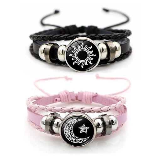 Luminous Sun and Moon Couple Bracelet - Glow in the Dark Matching Braided Leather Jewelry for Couples, Adjustable Long Distance Love Gift for Him & Her