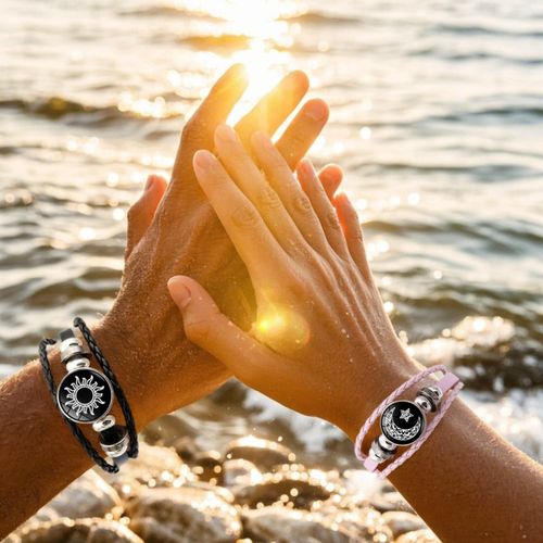Luminous Sun and Moon Couple Bracelet - Glow in the Dark Matching Braided Leather Jewelry for Couples, Adjustable Long Distance Love Gift for Him & Her