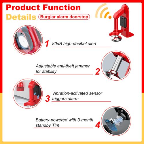 Portable Alarm Door Stopper - 80dB Anti-Theft Security Alarm Door Stoppers for Bottom of Door, Adjustable and Easy to Install for Home, Office, and Travel, Door Security Devices (Red)