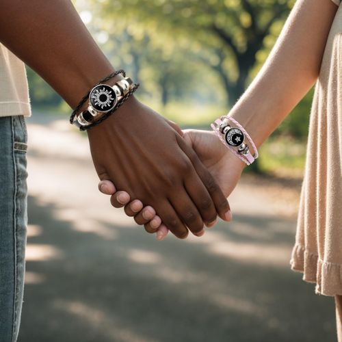 Luminous Sun and Moon Couple Bracelet - Glow in the Dark Matching Braided Leather Jewelry for Couples, Adjustable Long Distance Love Gift for Him & Her