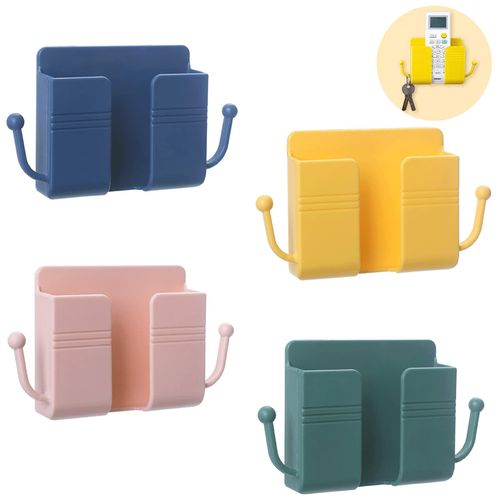 4 Piece Wall Mounted Phone Holder Adhesive Wall Mounted Phone Holder Charging Stand & Remote Control Stand Multi-function Socket Pocket Universal Deck Storage Box for Bedroom, Kitchen, Bathroom, Office